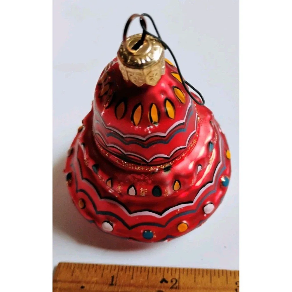 Vintage Poland Glass Christmas Ornament Red Tiered Cake Pagoda Bell Hand Painted